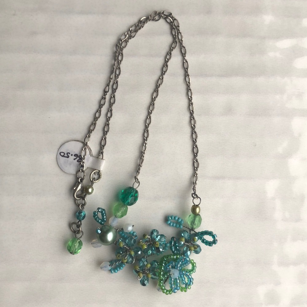 Hand Beaded Green & Blue Flower Necklace